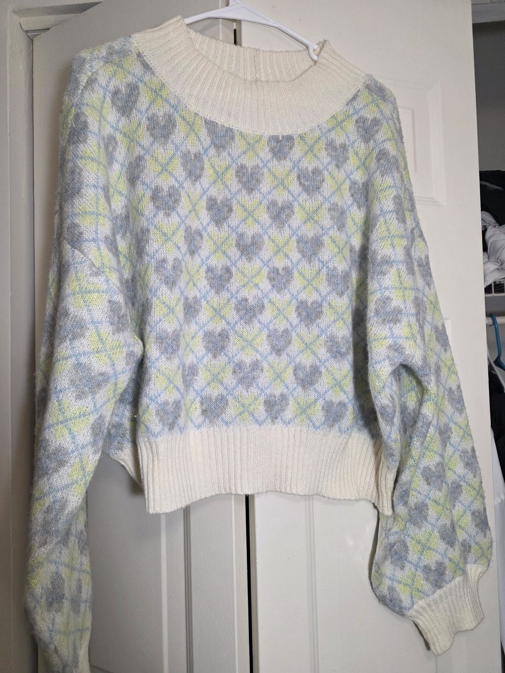 Cream Argyle Knit Sweater with Pastel Blue & Yellow Accents